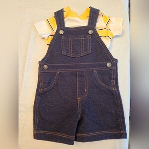 Baby boy Carters short denim overall with strip tshirt   size 12 months.